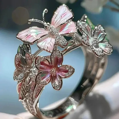 Anillos estéticos de flores y mariposas para mujer, románticos, con diamantes de imitación, elegantes, que no se decoloran, joyería de boda para mujer, regalo de fiesta