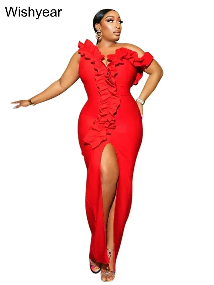 Bodycon sin mangas con hombros descubiertos y borde de orejas de madera con volantes