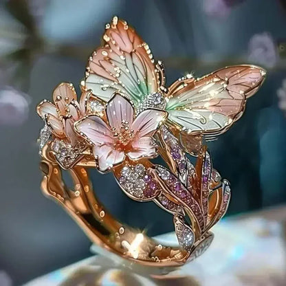 Anillos estéticos de flores y mariposas para mujer, románticos, con diamantes de imitación, elegantes, que no se decoloran, joyería de boda para mujer, regalo de fiesta