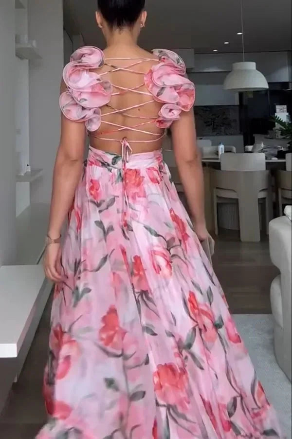 印花雪紡長裙 夏季時尚 優雅V領 荷葉邊