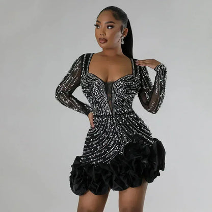 串珠鑽石長袖荷葉邊洋裝