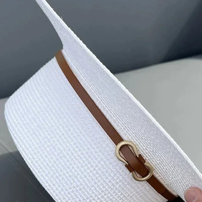 簡約草編夏季女用沙灘帽 女式休閒巴拿馬帽 女用平沿蝴蝶結草帽 女孩遮陽帽