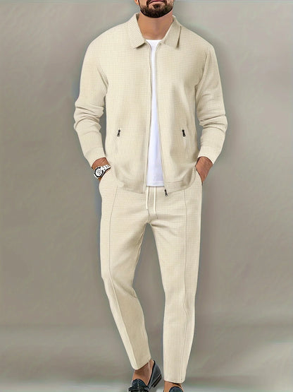 Men's Slim Fit Jacket with Zipper Pocket, Long Sleeved Sportswear, Cardigan Jacket Set, Long Pants, Elegant, two-Piece Set