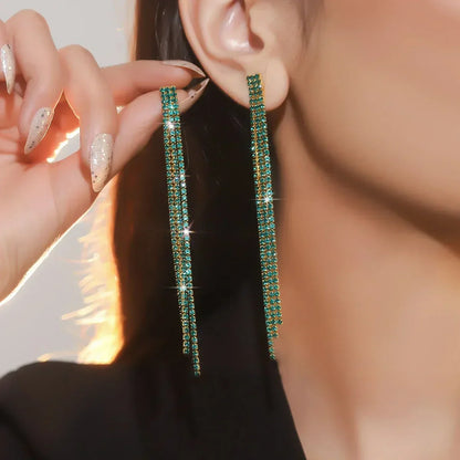 Pendientes largos con borlas de cristal y diamantes de imitación brillantes de 4 líneas TREAZY para mujer, pendientes colgantes para bodas y fiestas, pendientes de novia