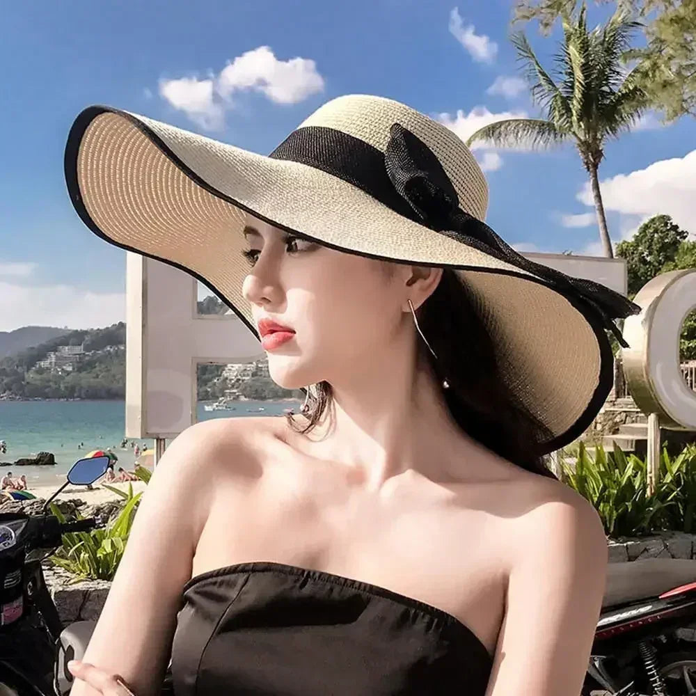 outdoor Seaside woman fashion big Bow large brimmed Sun Protection Cap Foldable Straw Hat