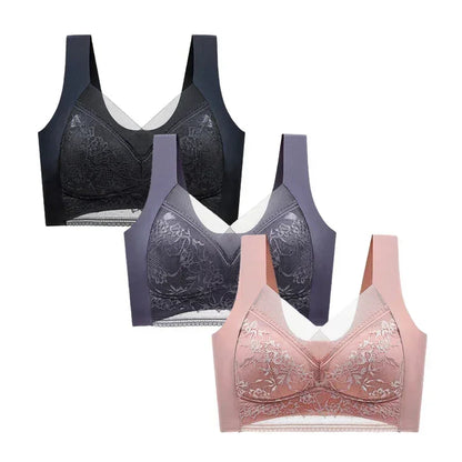 FallSweet - Conjunto de 3 sujetadores push-up de encaje para mujer, sin aros, de seda helada, con escote en V profundo, lencería femenina, ropa interior para mamá, tallas L-5XL