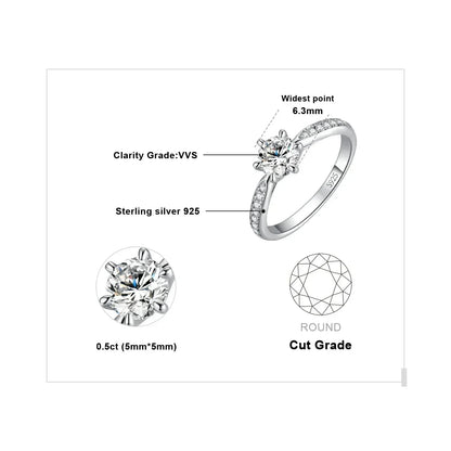 Anillo de compromiso de boda en plata de ley S925 con moissanita color D de JewelryPalace, redondo, 0,5 ct, 1 ct, 1,5 ct, 2 ct y 3 ct, para mujer
