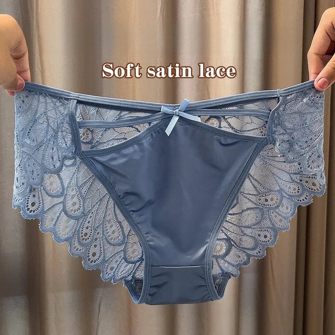 Plus Size Silk Shorts Sexy Lady Lace Hollow Breathable Satin Panties Women
