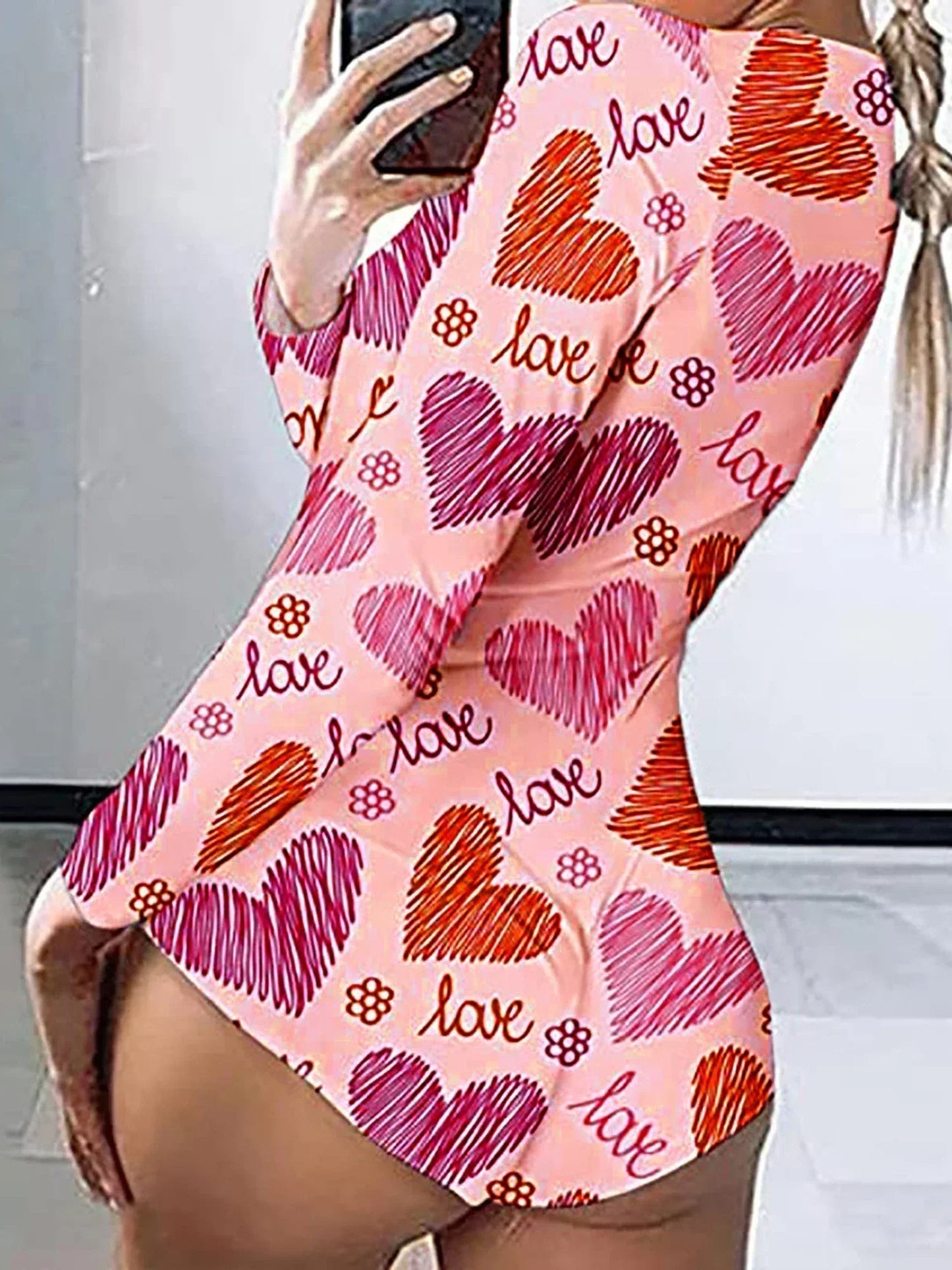 Mono de manga larga para mujer, para San Valentín, ajustado, con cuello en V, estampado de labios y corazones, abotonado, corto, para dormir en interiores
