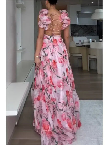 印花雪紡長裙 夏季時尚 優雅V領 荷葉邊