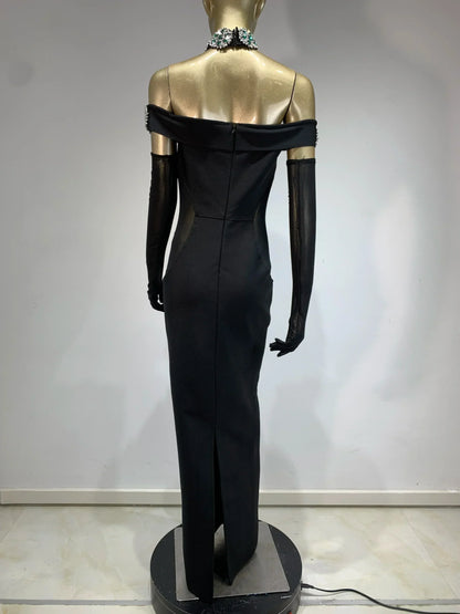 繃帶連身裙 明星性感鑽石水晶黑色長緊身連身裙