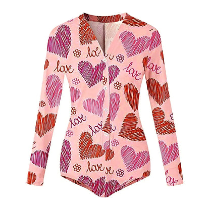 Mono de manga larga para mujer, para San Valentín, ajustado, con cuello en V, estampado de labios y corazones, abotonado, corto, para dormir en interiores