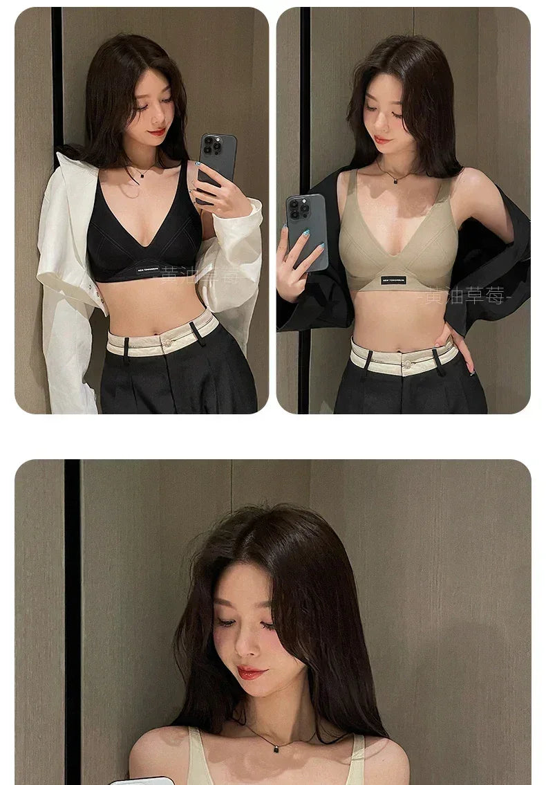 MOYISU Lencería de verano para mujer, sujetador pequeño sin aros, sin costuras, con barra de gelatina, soporte suave, espalda plegada