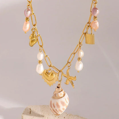 Collar Zora con colgante de caracola, estilo veraniego, colorido, para mujer, de acero inoxidable chapado en oro de 18 quilates, con múltiples dijes, joyería de moda