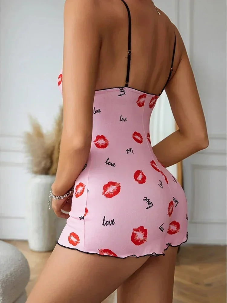 Pijama de una pieza para mujer, con estampado de labios rojos, sin mangas, corto, con tirantes y cuello en V, divertido