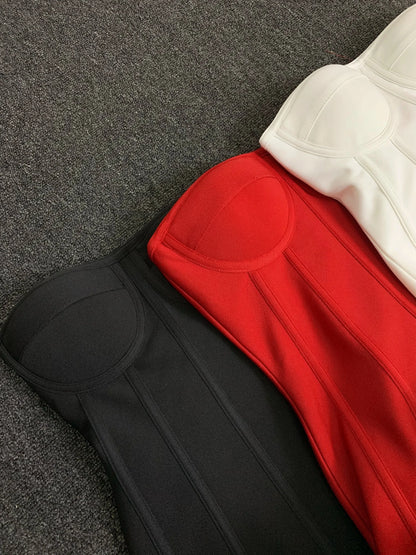 Real Photos Women New Bandage Dress Strapless Laced Up Back Flowers Hem Bodycon