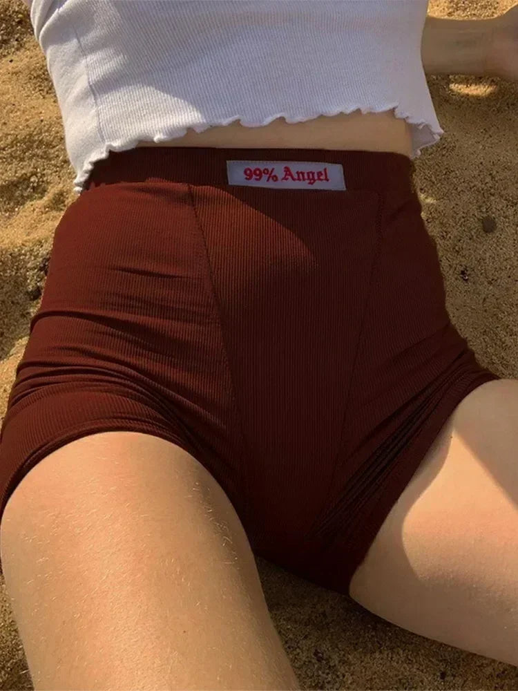 夏季白色字母刺繡騎行短褲 女式羅紋針織黑色高腰休閒街頭風短褲