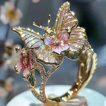 Anillos estéticos de flores y mariposas para mujer, románticos, con diamantes de imitación, elegantes, que no se decoloran, joyería de boda para mujer, regalo de fiesta