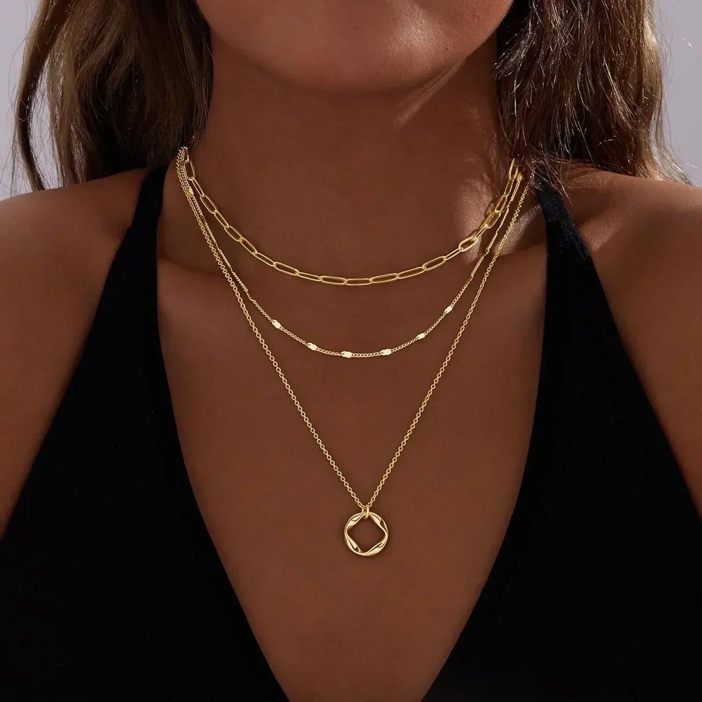 Collares de oro en capas para mujer, apilables, chapados en oro de 14 quilates, con cadena de clip circular, colgante y gargantilla para mujer.