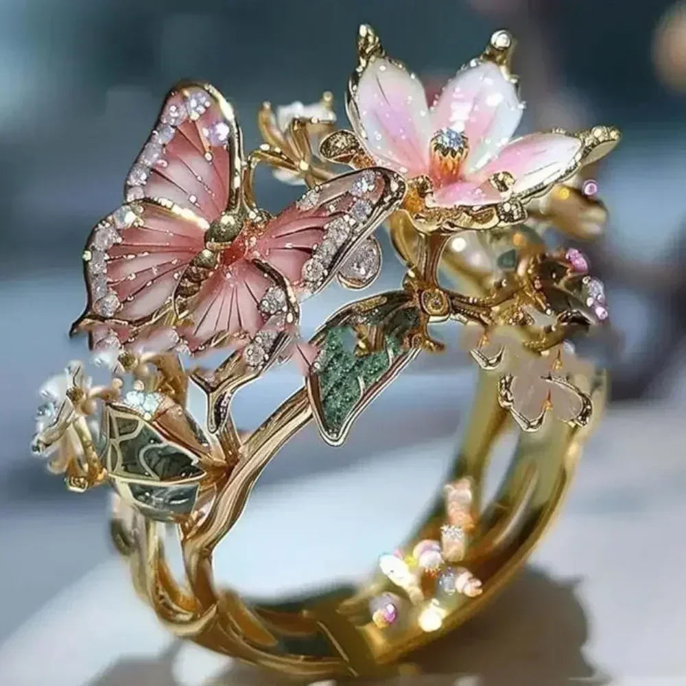 Anillos estéticos de flores y mariposas para mujer, románticos, con diamantes de imitación, elegantes, que no se decoloran, joyería de boda para mujer, regalo de fiesta