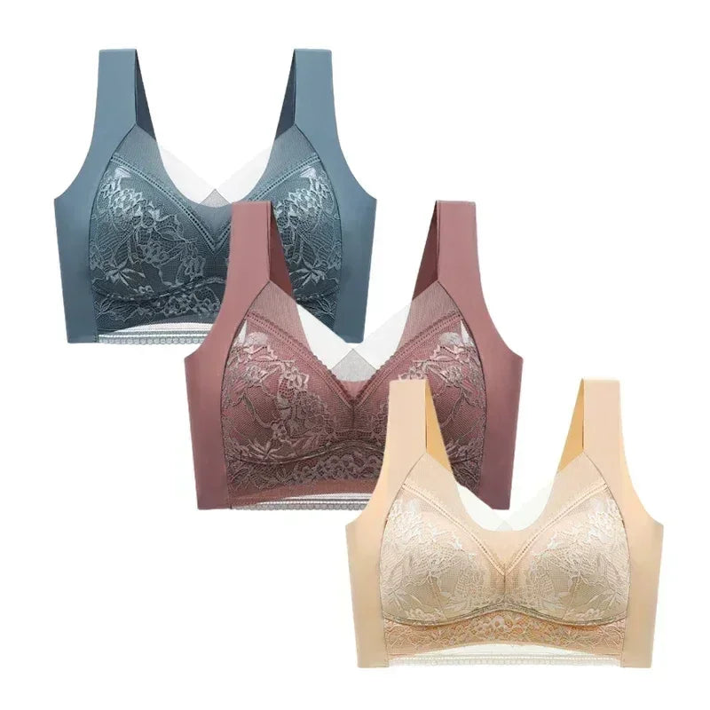 FallSweet - Conjunto de 3 sujetadores push-up de encaje para mujer, sin aros, de seda helada, con escote en V profundo, lencería femenina, ropa interior para mamá, tallas L-5XL
