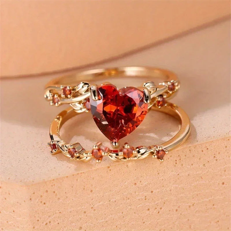 Conjunto de anillos en forma de corazón con piedra verde, negra y roja para mujer, anillos de boda de circonita blanca en color oro rosa.
