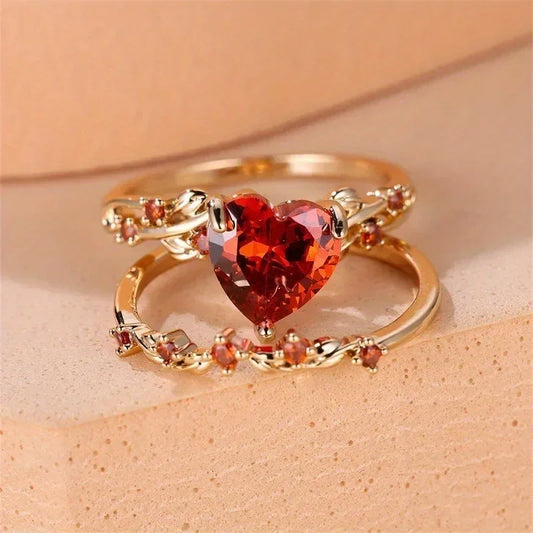Conjunto de anillos en forma de corazón con piedra verde, negra y roja para mujer, anillos de boda de circonita blanca en color oro rosa.