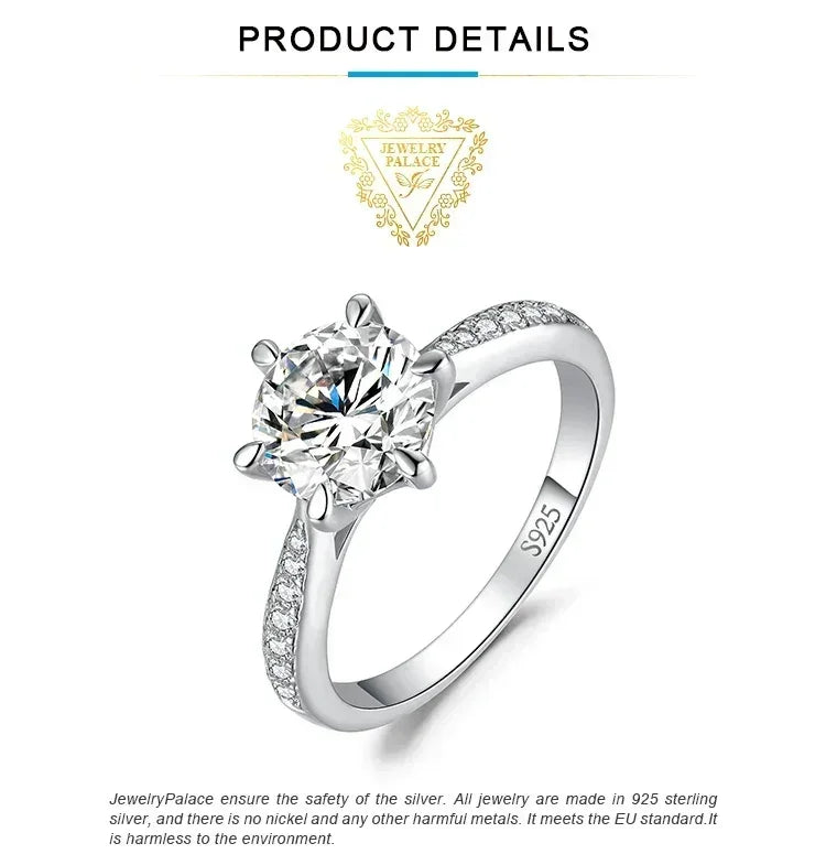 Anillo de compromiso de boda en plata de ley S925 con moissanita color D de JewelryPalace, redondo, 0,5 ct, 1 ct, 1,5 ct, 2 ct y 3 ct, para mujer