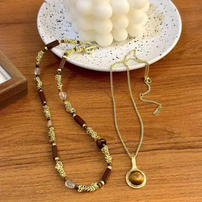 Collar de cuentas de metal con piedra natural para mujer, cadena de clavícula de doble capa, otoño e invierno, nuevo