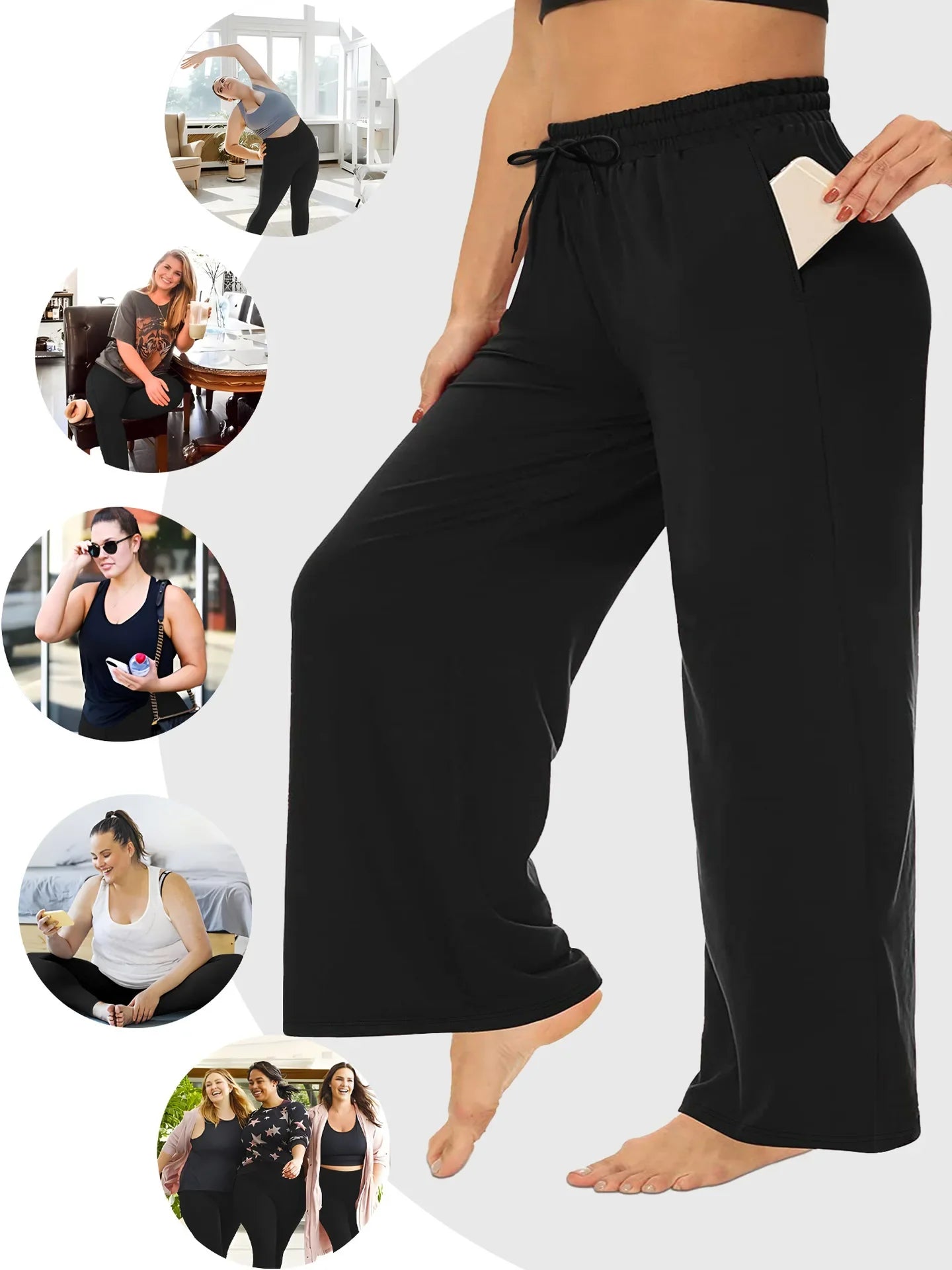 Plus Size Wide Leg  European Fit Straight Pockets Loose Elastic Waist Pants