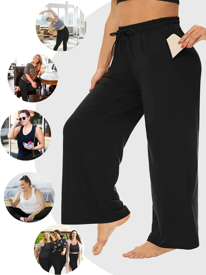 Plus Size Wide Leg  European Fit Straight Pockets Loose Elastic Waist Pants
