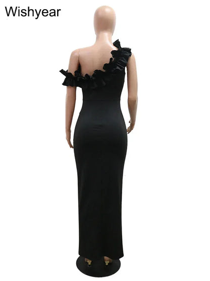 Bodycon sin mangas con hombros descubiertos y borde de orejas de madera con volantes