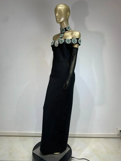 繃帶連身裙 明星性感鑽石水晶黑色長緊身連身裙