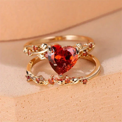 Conjunto de anillos en forma de corazón con piedra verde, negra y roja para mujer, anillos de boda de circonita blanca en color oro rosa.