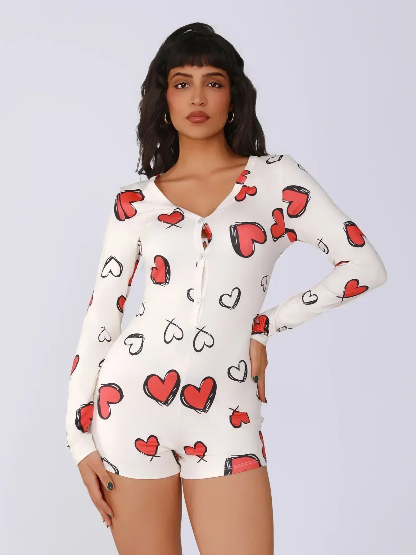 Body de una pieza para mujer, pijama sexy de chica sexy con estampado digital de corazón, conjunto de manga corta, pantalones cortos, ropa para el hogar