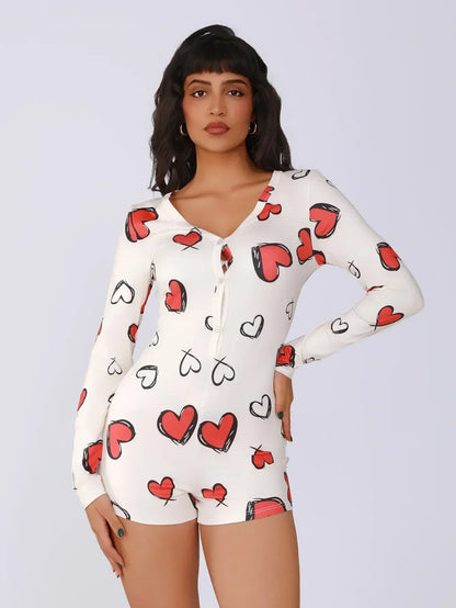 Body de una pieza para mujer, pijama sexy de chica sexy con estampado digital de corazón, conjunto de manga corta, pantalones cortos, ropa para el hogar