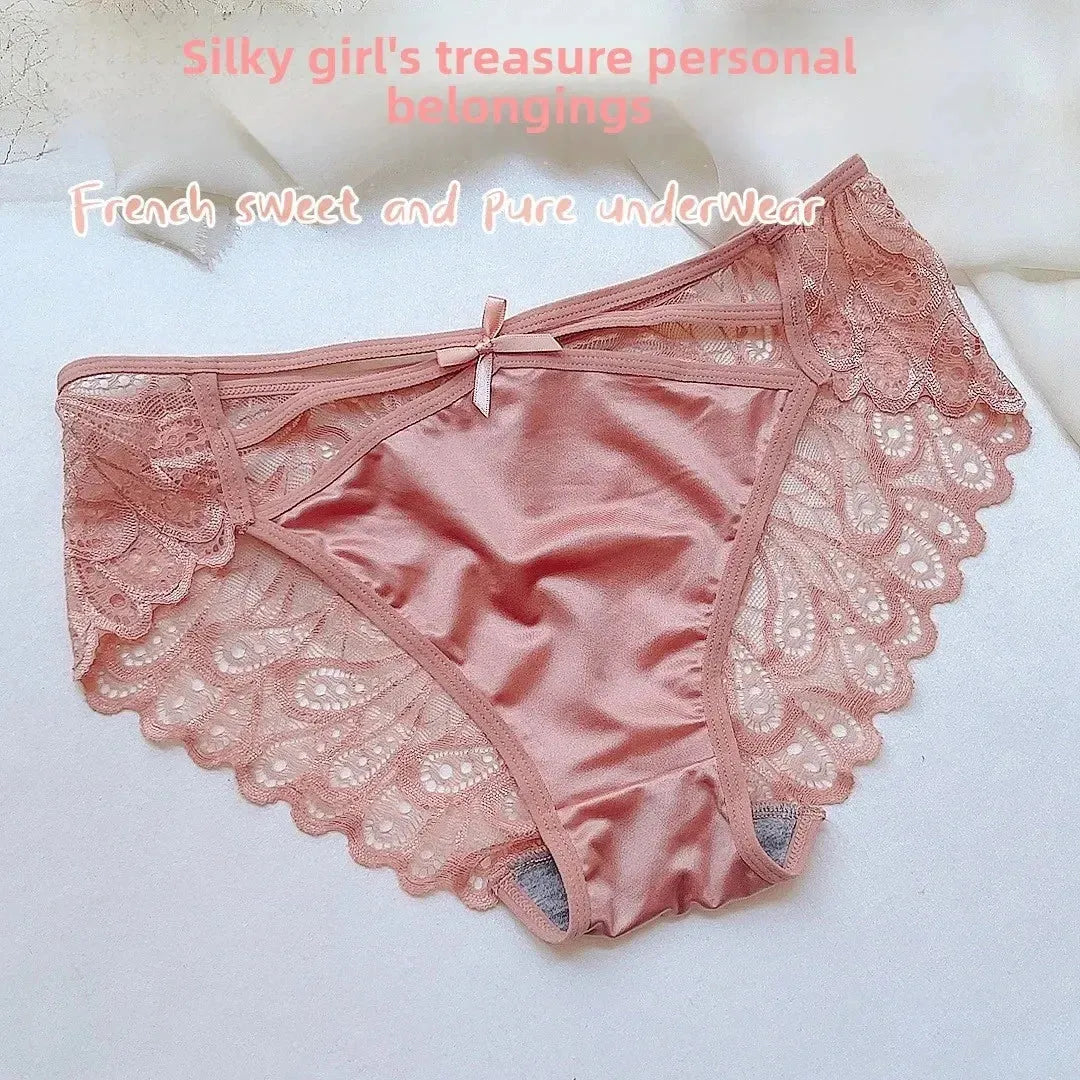 Plus Size Silk Shorts Sexy Lady Lace Hollow Breathable Satin Panties Women