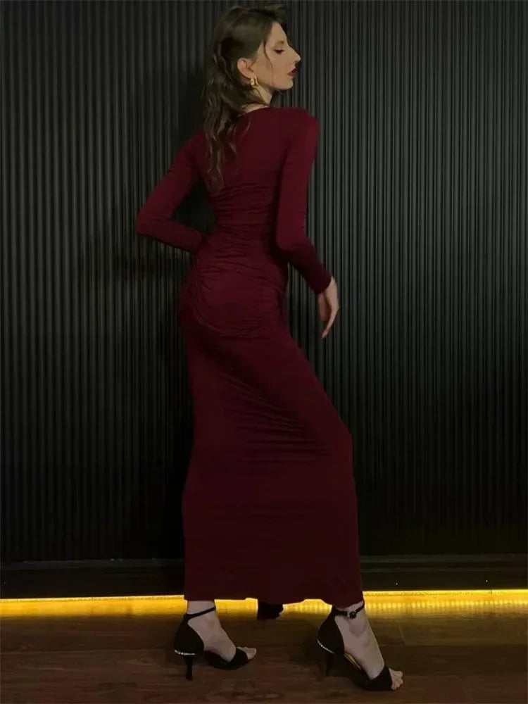 Vestido maxi sexy plisado para mujer de Tossy con retazos y manga larga ajustada