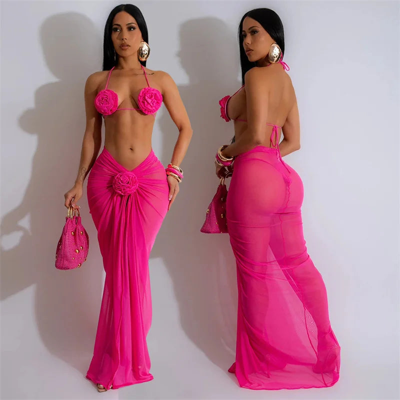 Traje de baño de tres piezas con estampado floral