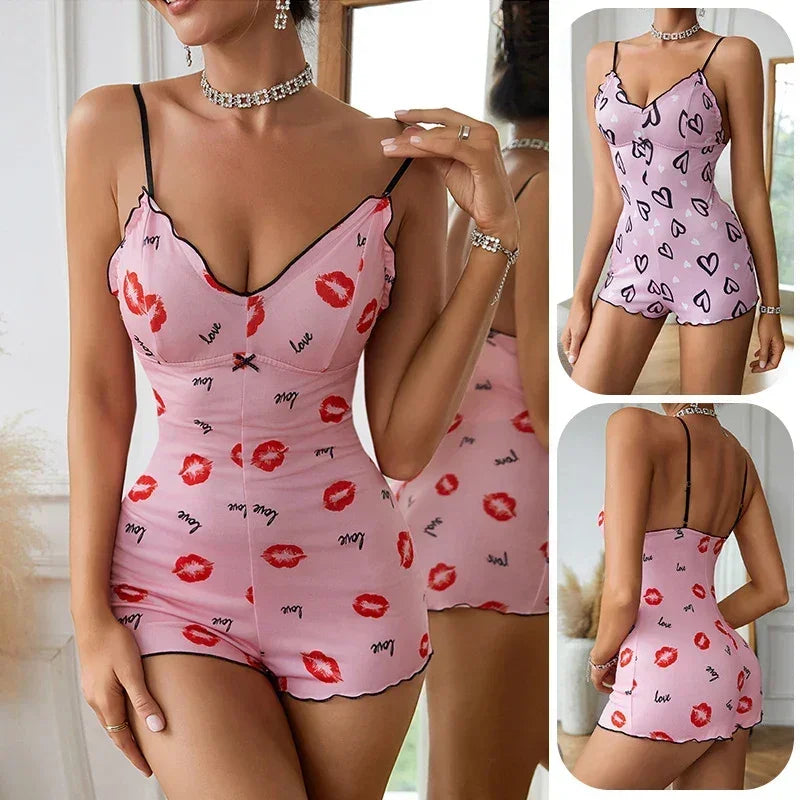Pijama de una pieza para mujer, con estampado de labios rojos, sin mangas, corto, con tirantes y cuello en V, divertido