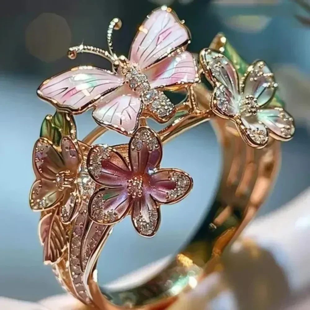Anillos estéticos de flores y mariposas para mujer, románticos, con diamantes de imitación, elegantes, que no se decoloran, joyería de boda para mujer, regalo de fiesta