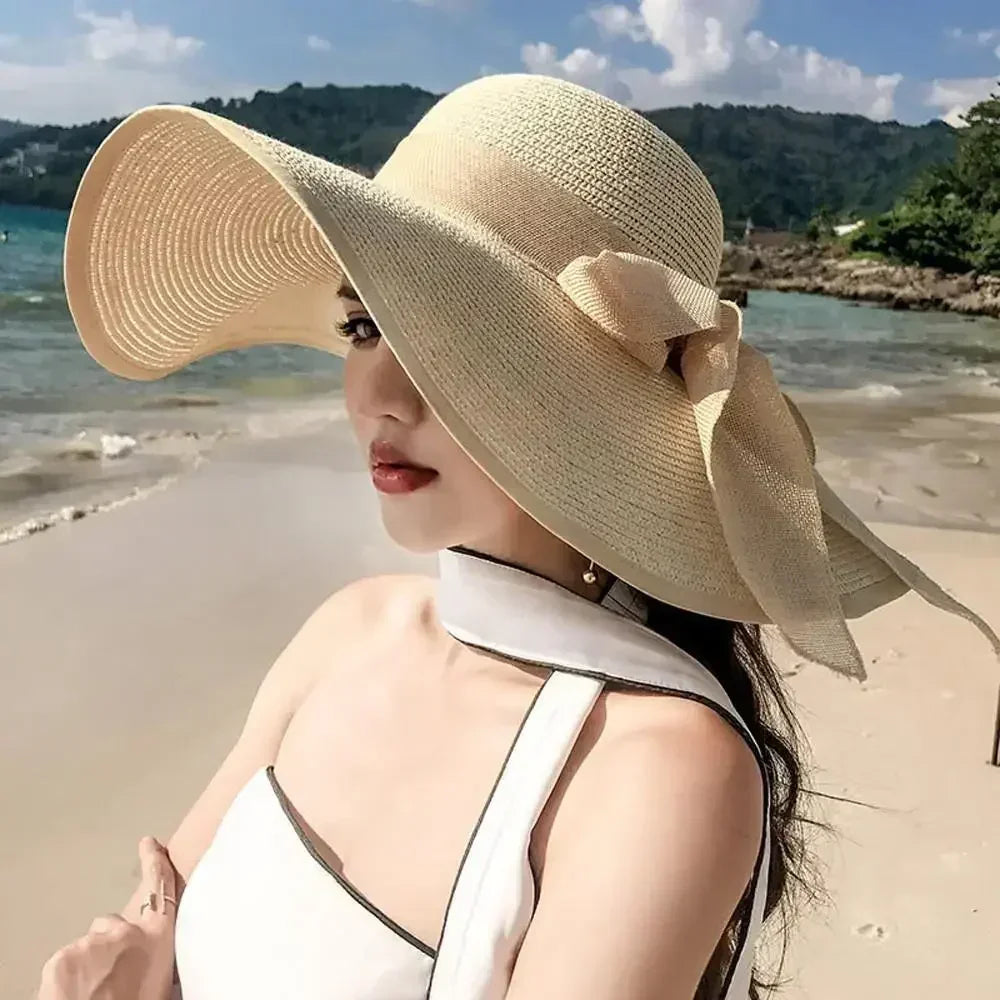 outdoor Seaside woman fashion big Bow large brimmed Sun Protection Cap Foldable Straw Hat