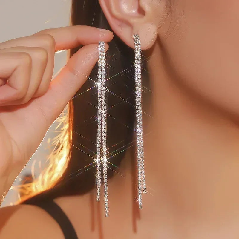 Pendientes largos con borlas de cristal y diamantes de imitación brillantes de 4 líneas TREAZY para mujer, pendientes colgantes para bodas y fiestas, pendientes de novia