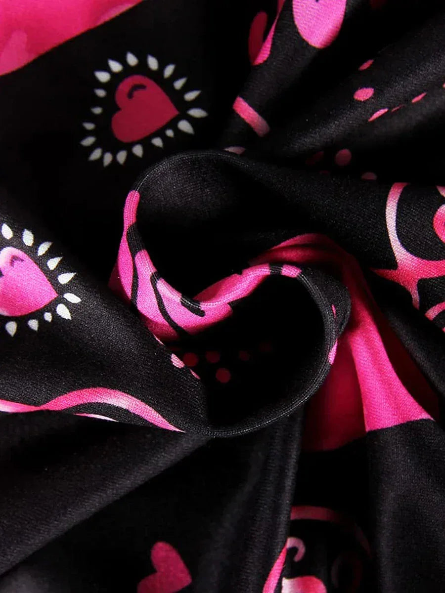 Mono de manga larga para mujer, para San Valentín, ajustado, con cuello en V, estampado de labios y corazones, abotonado, corto, para dormir en interiores