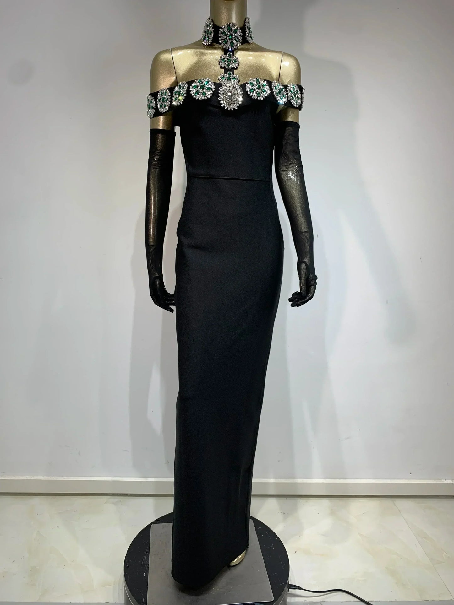 繃帶連身裙 明星性感鑽石水晶黑色長緊身連身裙