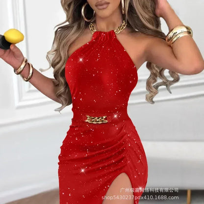 Vestido halter de lúrex con purpurina para mujer, corte entallado, abertura alta, cadena metálica, hasta media pantorrilla, primavera y verano