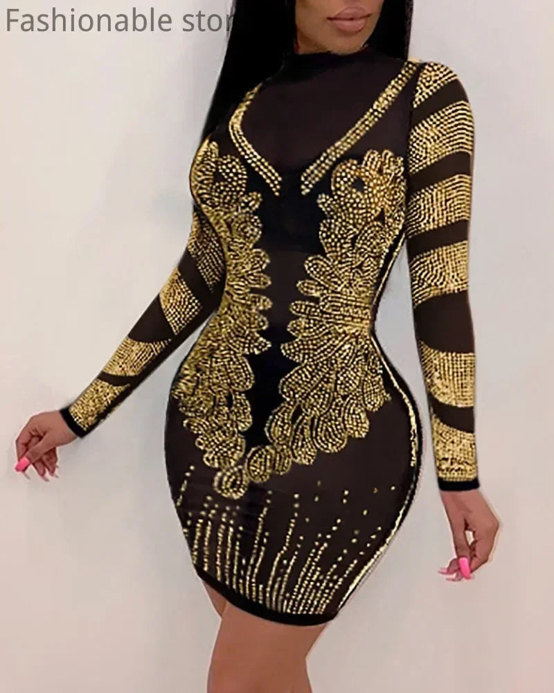 Vestido sexy de fiesta ajustado con diseño de diamantes de imitación y malla transparente de color sólido para mujer