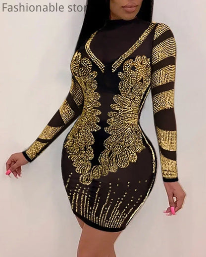 Vestido sexy de fiesta ajustado con diseño de diamantes de imitación y malla transparente de color sólido para mujer