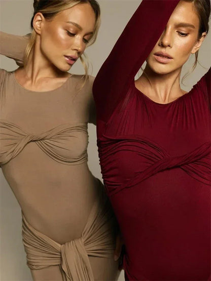 Vestido maxi sexy plisado para mujer de Tossy con retazos y manga larga ajustada