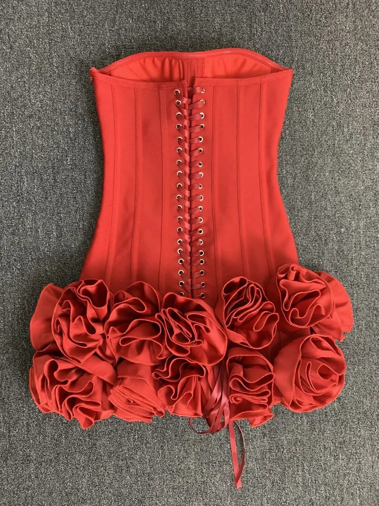 Real Photos Women New Bandage Dress Strapless Laced Up Back Flowers Hem Bodycon